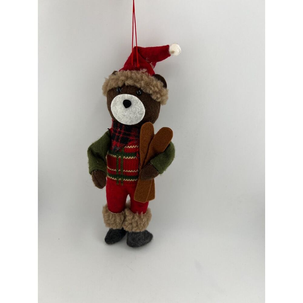 Vintage Christmas Stocking Teddy Bear Brown Plush Santa Hat for Tree Decoration
